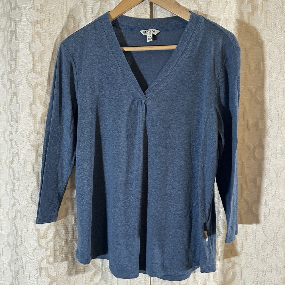 Orvis Blue Linen Blend V-Neck Tunic Top 3/4 Sleeve Pleated Blouse Size Medium